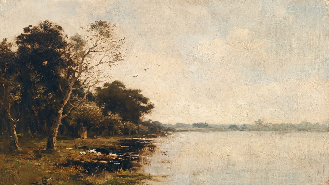 Fall Frame TV Art, Vintage Autumn Oil Painting (Quiet Lakeshore with Trees)