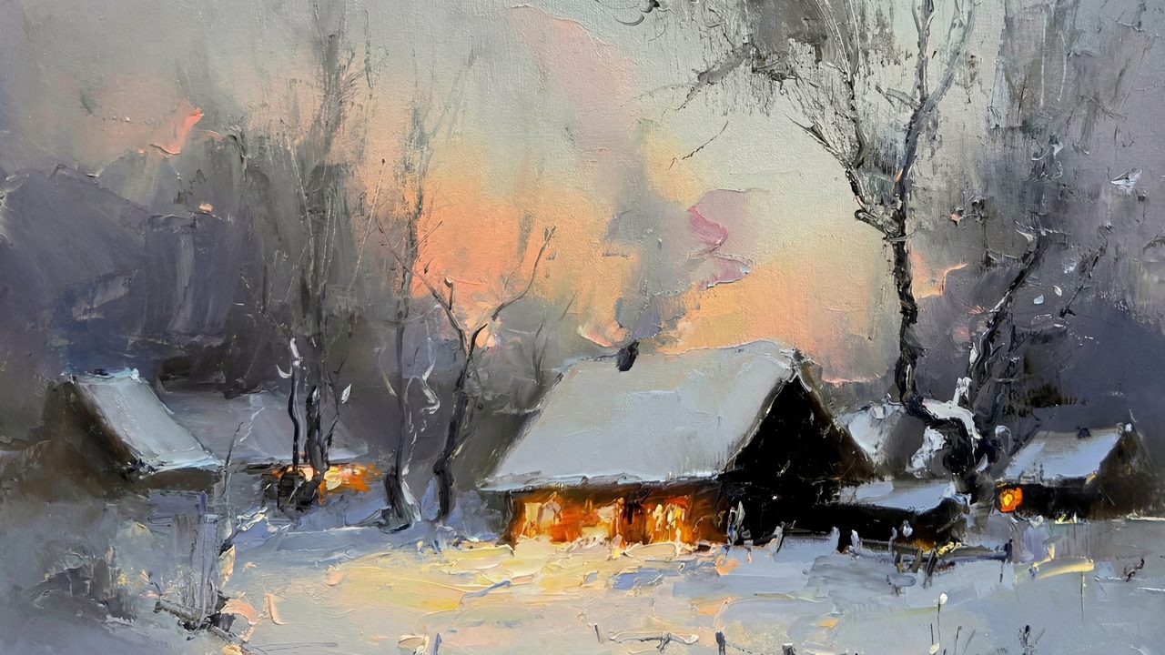 Winter Frame TV Art, Vintage Snowy Landscape Oil Painting (Snowy Cabins at Dusk)