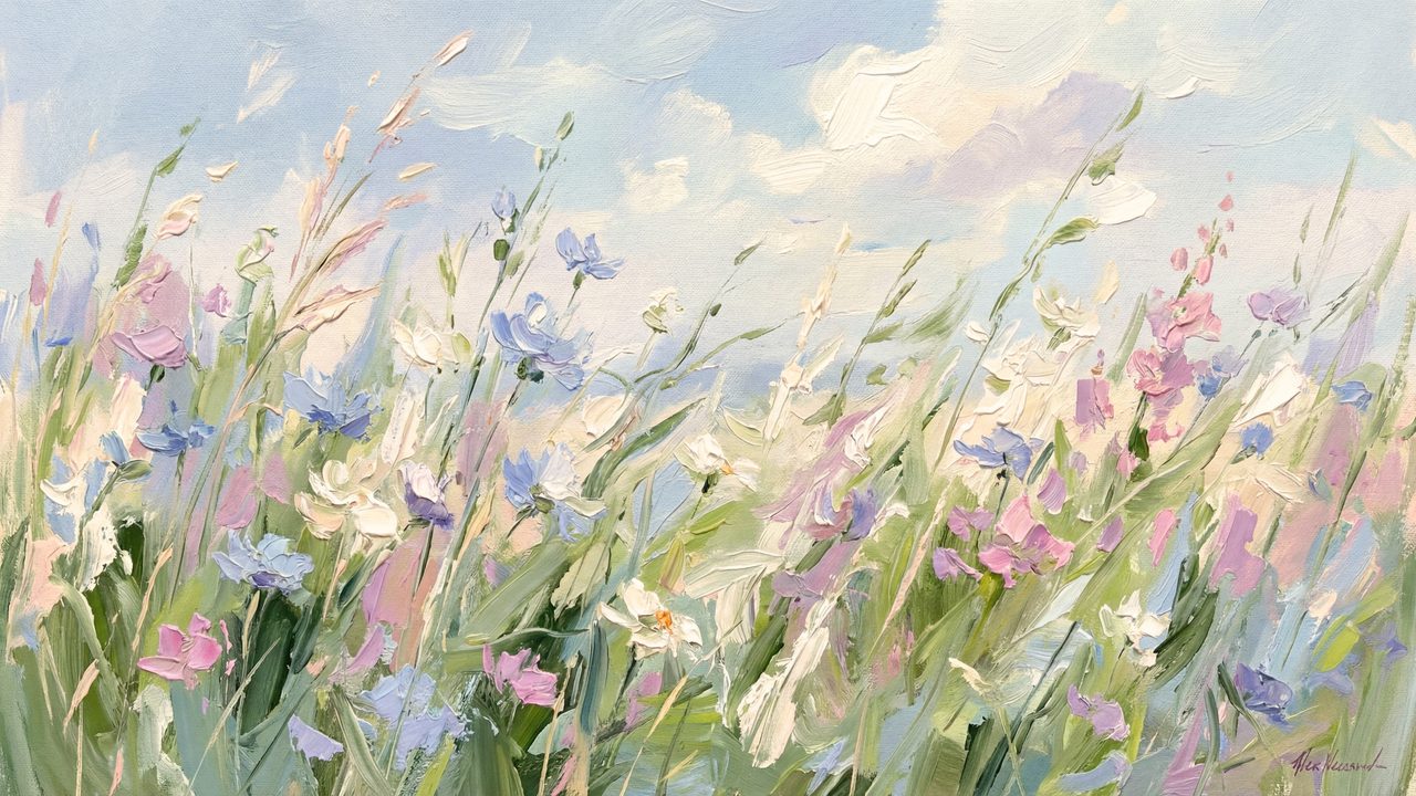 Spring Frame TV Art, Vintage Floral Landscape Oil Painting (Pastel Wildflower Grass)