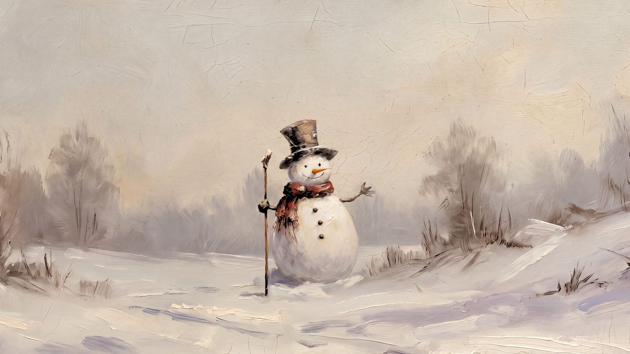 Christmas Frame TV Art, Vintage Holiday Oil Painting (Snowman in Winter Field)