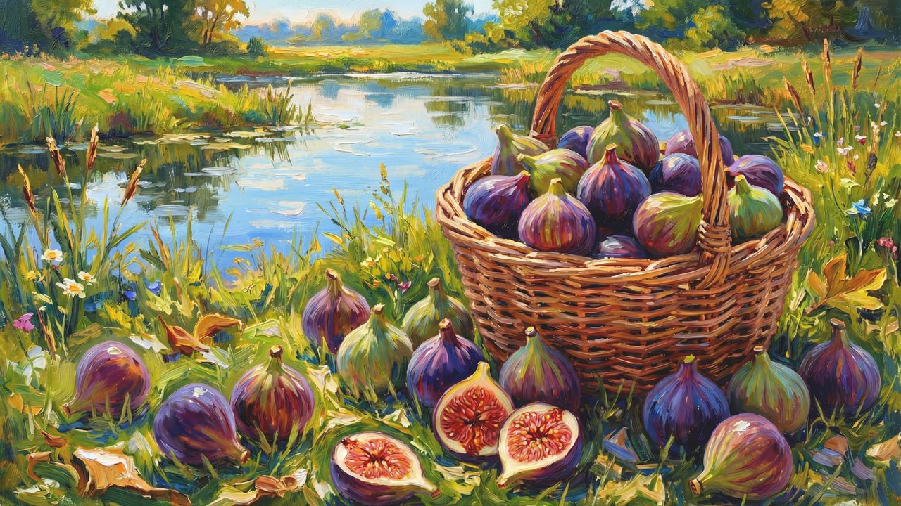 Spring Frame TV Art, Vintage Floral Landscape Oil Painting (Basket of Figs by Lake)