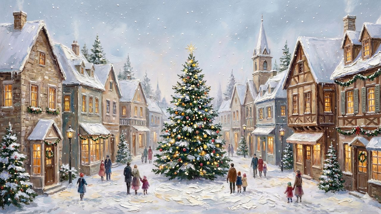 Samsung Frame TV Art Christmas | Vintage Winter Village Scene | Cozy Holiday Town Digital Painting | Snowy Christmas