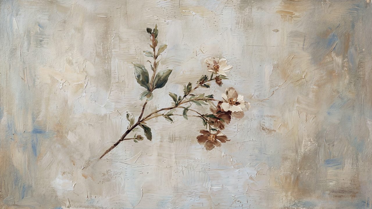 Vintage Frame TV Art, Antique Landscape Oil Painting (Pink Blossom Sprig)