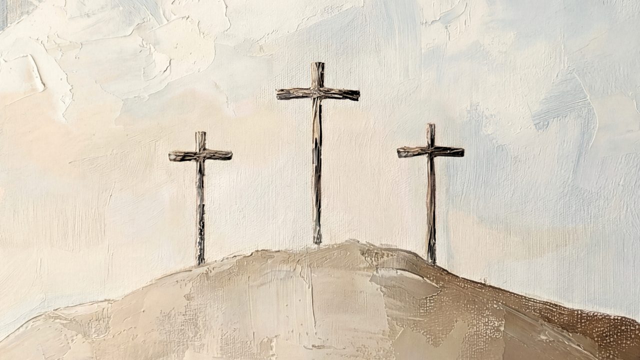 Easter Frame TV Art, Pastel Spring Oil Painting (Three Crosses on Hill)