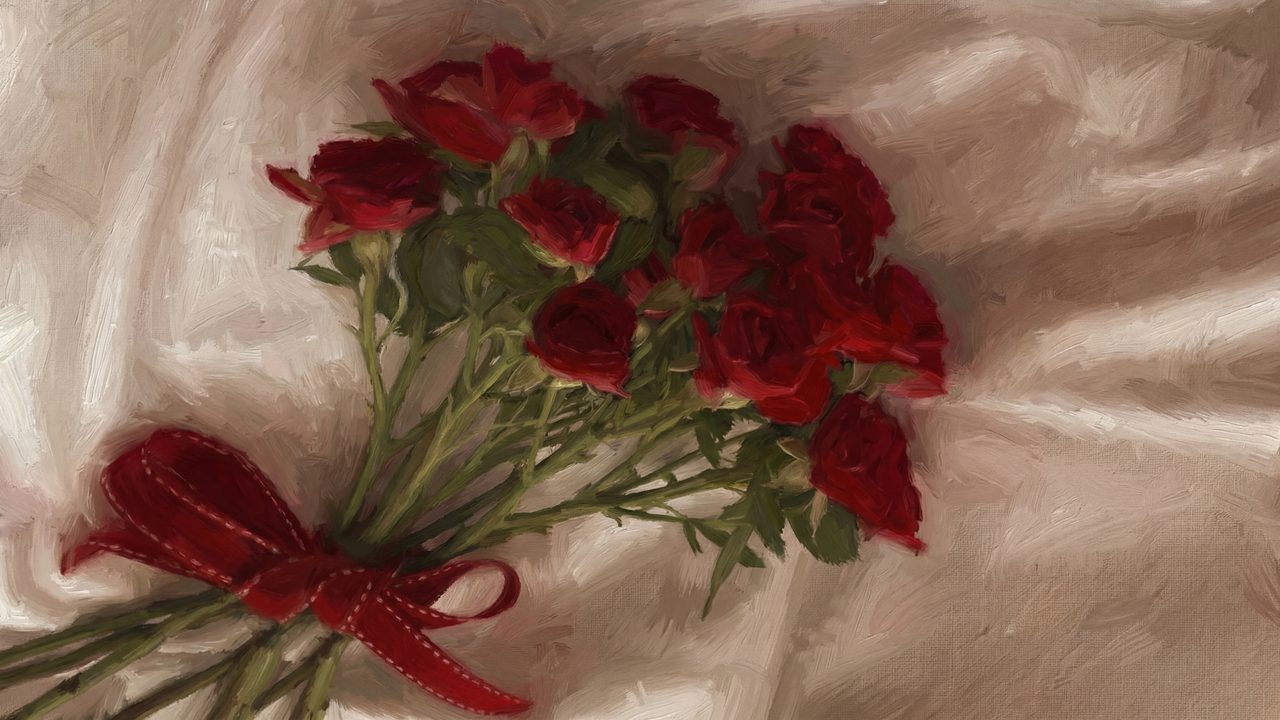 Valentine Frame TV Art, Romantic Vintage Oil Painting (Red Roses Tied with Ribbon)