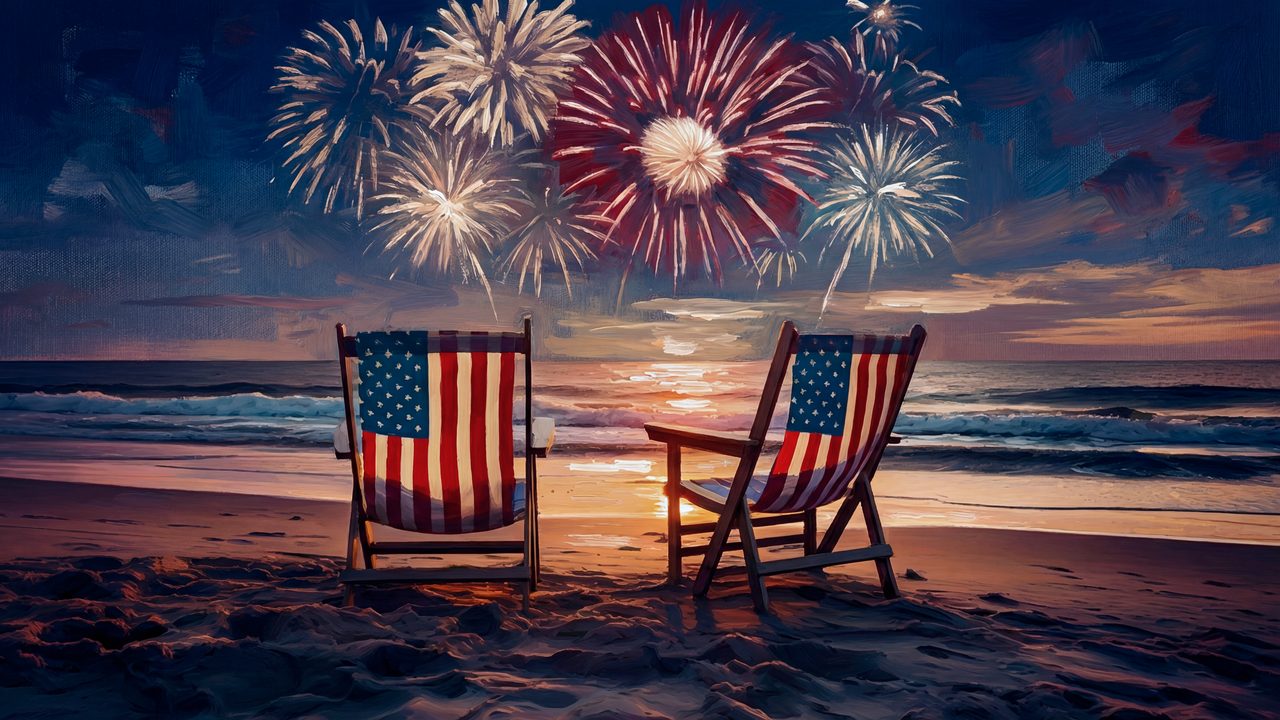 4th of July Frame TV Art, Patriotic American Oil Painting (Flag Beach Chairs at Sunset)