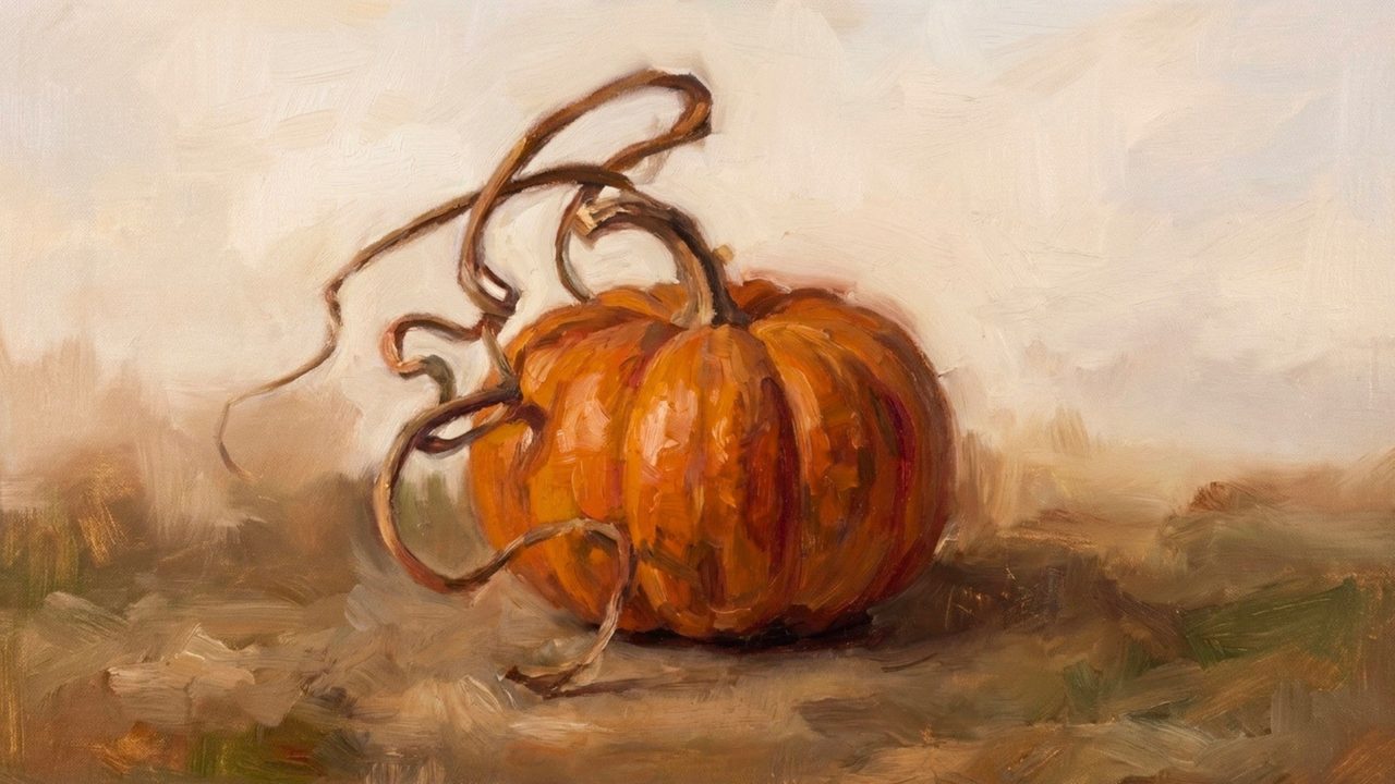 Fall Frame TV Art, Vintage Autumn Oil Painting (Pumpkin with Curling Vine)