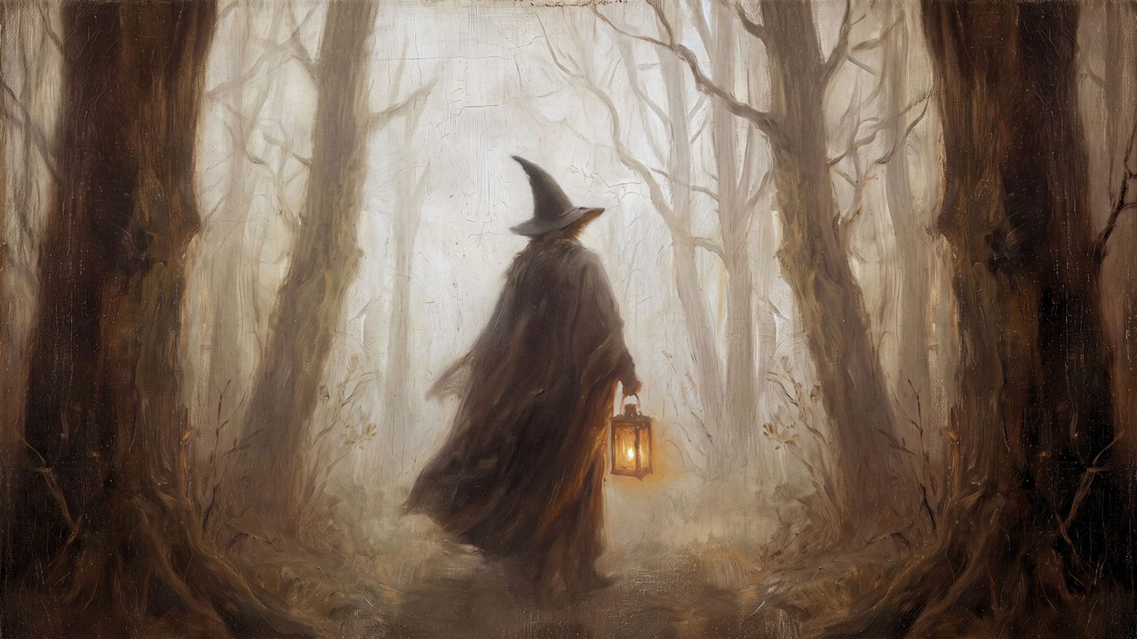 Halloween Frame TV Art, Vintage Moody Oil Painting (Witch with Lantern in Woods)
