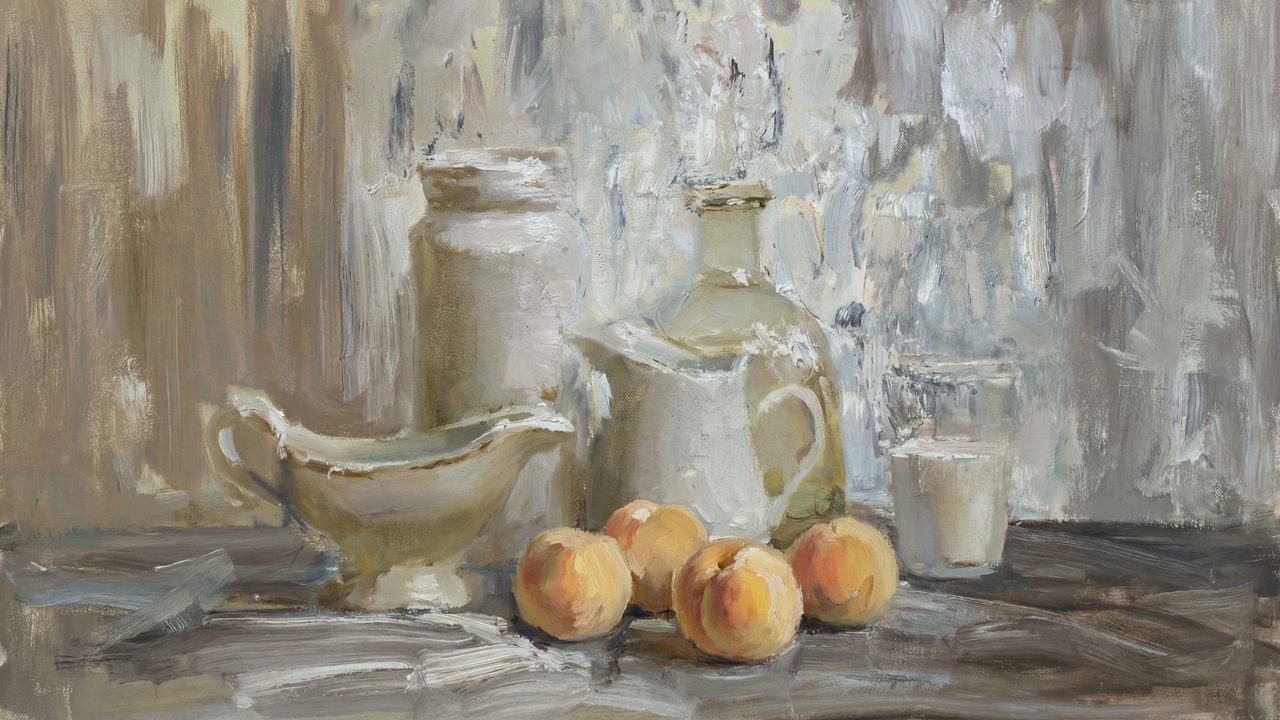 Vintage Frame TV Art, Antique Landscape Oil Painting (Teapots and Peaches)