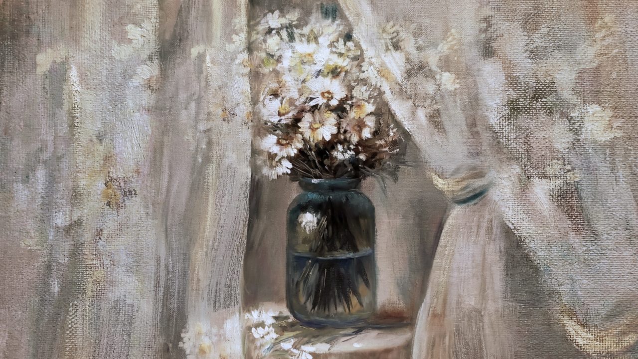 Vintage Frame TV Art, Antique Landscape Oil Painting (Daisies in Jar by Curtain)