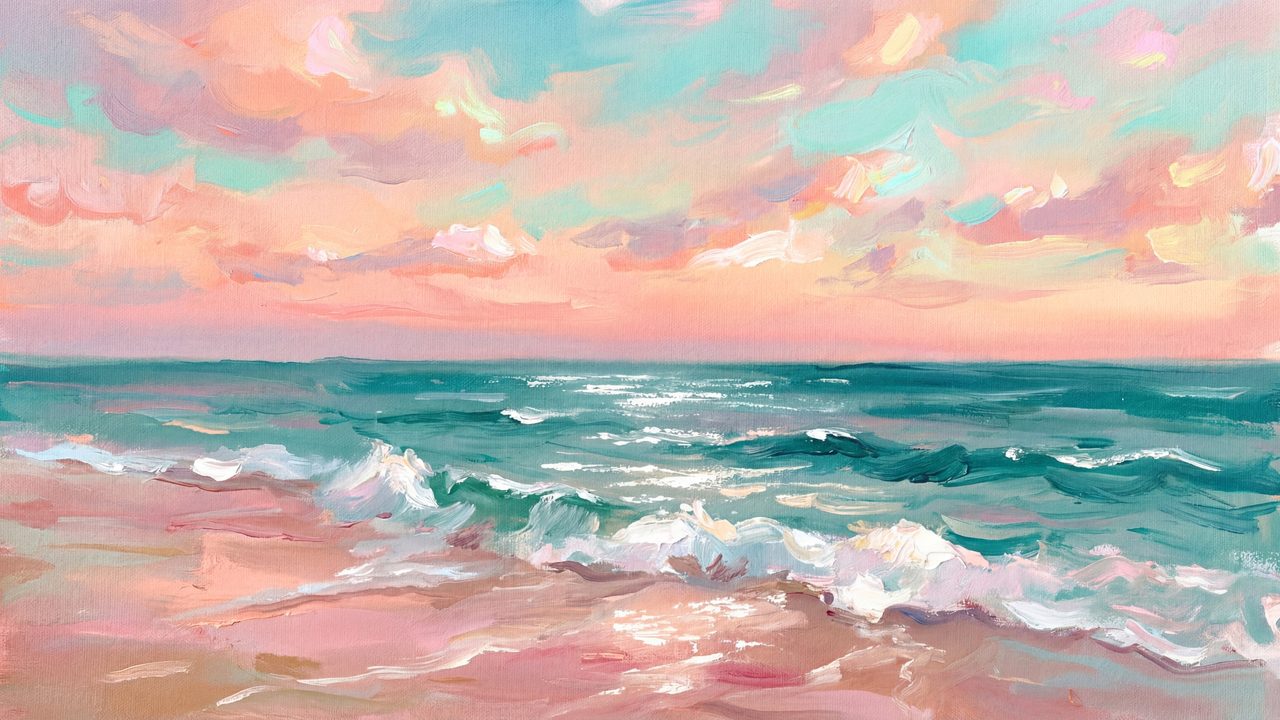 Summer Frame TV Art, Coastal Beach Oil Painting (Pastel Ocean Waves)