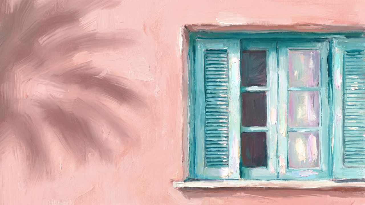 Summer Frame TV Art, Coastal Beach Oil Painting (Teal Shutters on Pink Wall)