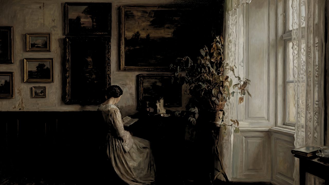 Dark Academia Frame TV Art, Moody Vintage Oil Painting (Woman at Piano by Window)