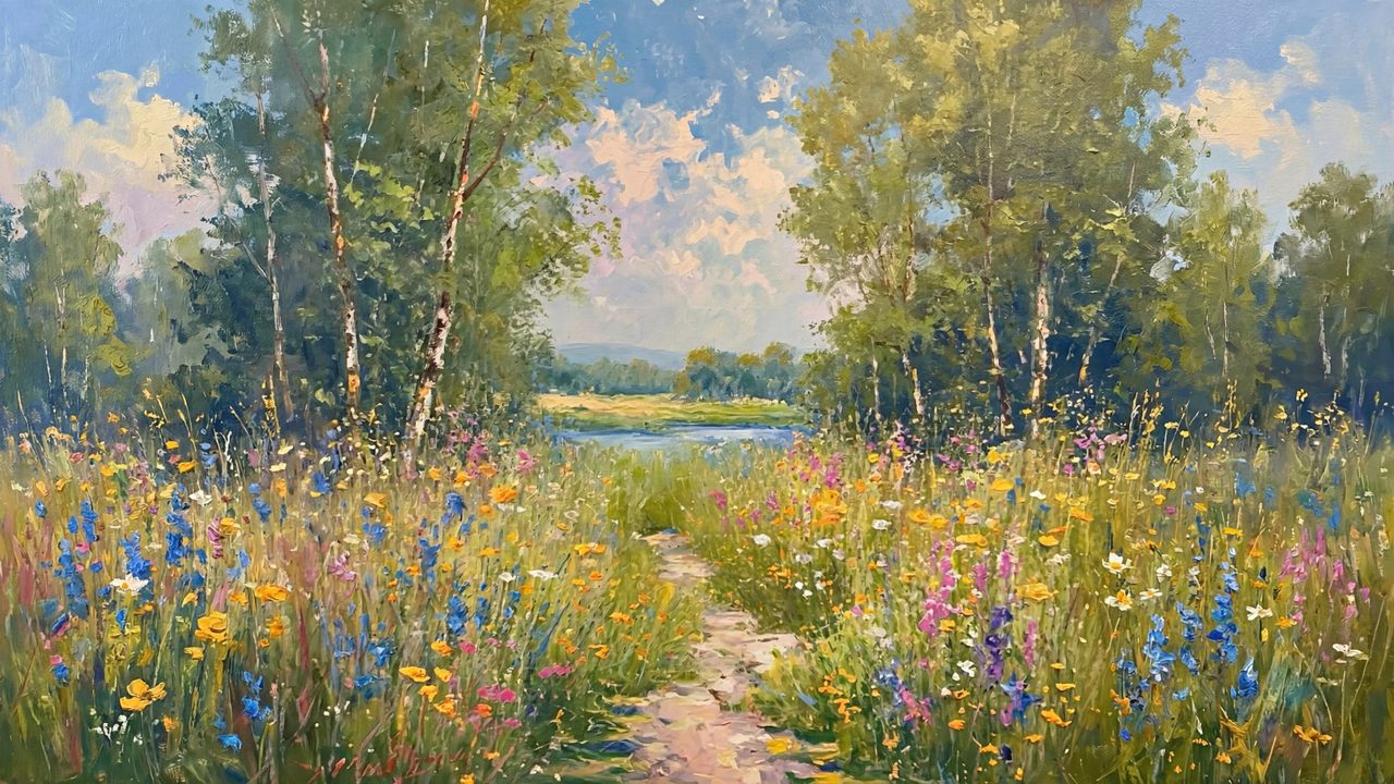 Spring Frame TV Art, Vintage Floral Landscape Oil Painting (Wildflower Path to Lake)