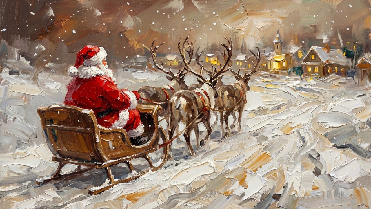 Christmas Frame TV Art, Vintage Holiday Oil Painting (Santa Sleigh in Snowy Village)