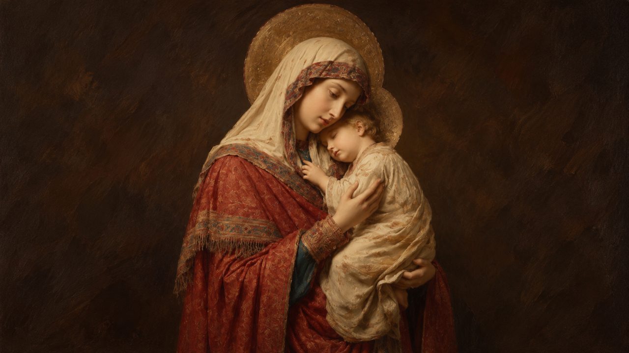 Christian Frame TV Art, Jesus Religious Oil Painting (Madonna Embracing Child)