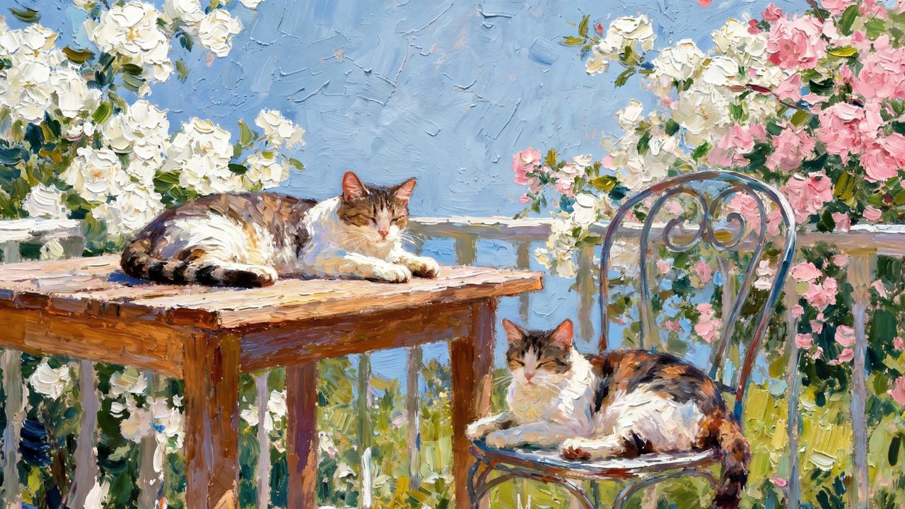 Spring Frame TV Art, Vintage Floral Landscape Oil Painting (Cats on Garden Patio)