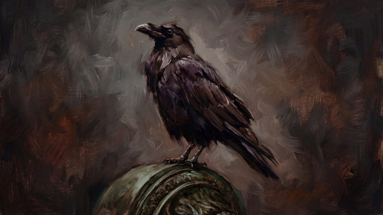 Halloween Frame TV Art, Vintage Moody Oil Painting (Raven on Old Jar)