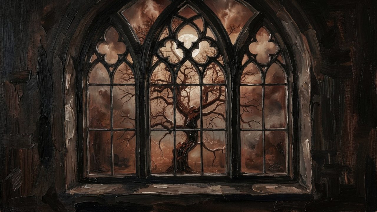 Fall Frame TV Art, Vintage Autumn Oil Painting (Gothic Window with Dead Tree)