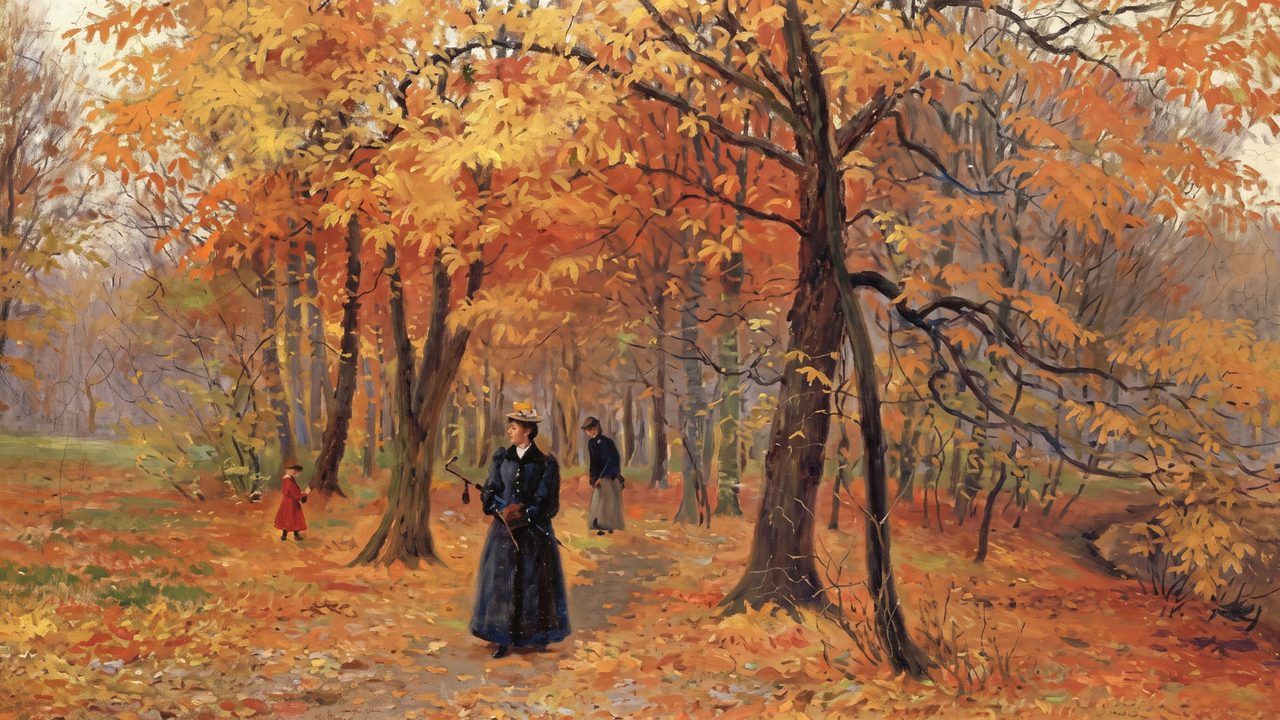 Fall Frame TV Art, Vintage Autumn Oil Painting (Woman Walking in Autumn Woods)