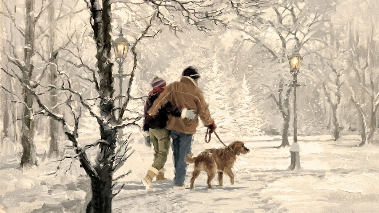 Christmas Frame TV Art, Vintage Holiday Oil Painting (Couple Walking Dog in Snow)