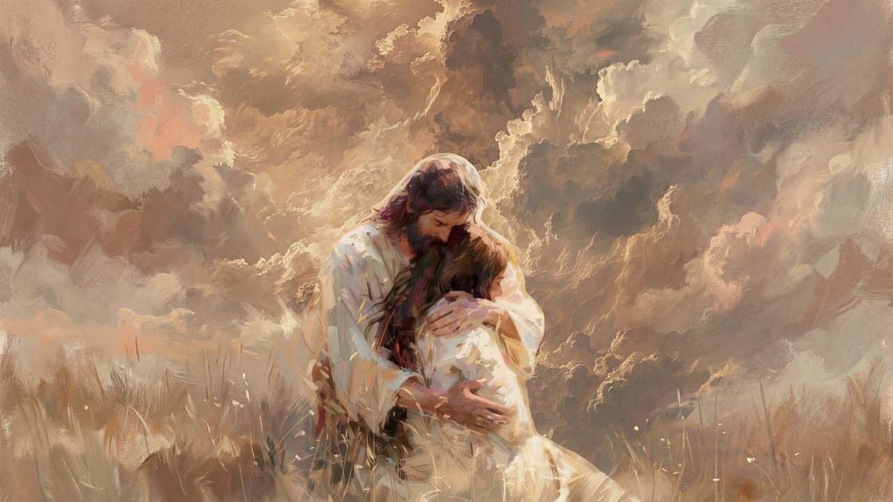 Christian Frame TV Art, Jesus Religious Oil Painting (Jesus Embracing Woman in Clouds)