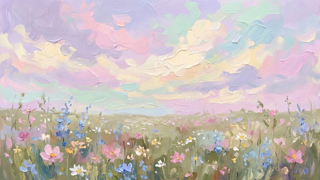 Spring Meadow Samsung Frame TV Art, Pastel Sky Wildflower Landscape Oil Painting, 4K Digital Download