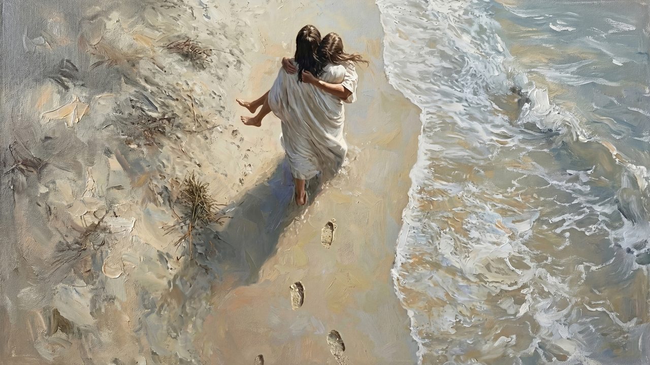 Footprints in the Sand Samsung Frame TV Art, Jesus Carrying Person on Beach Screen Decor