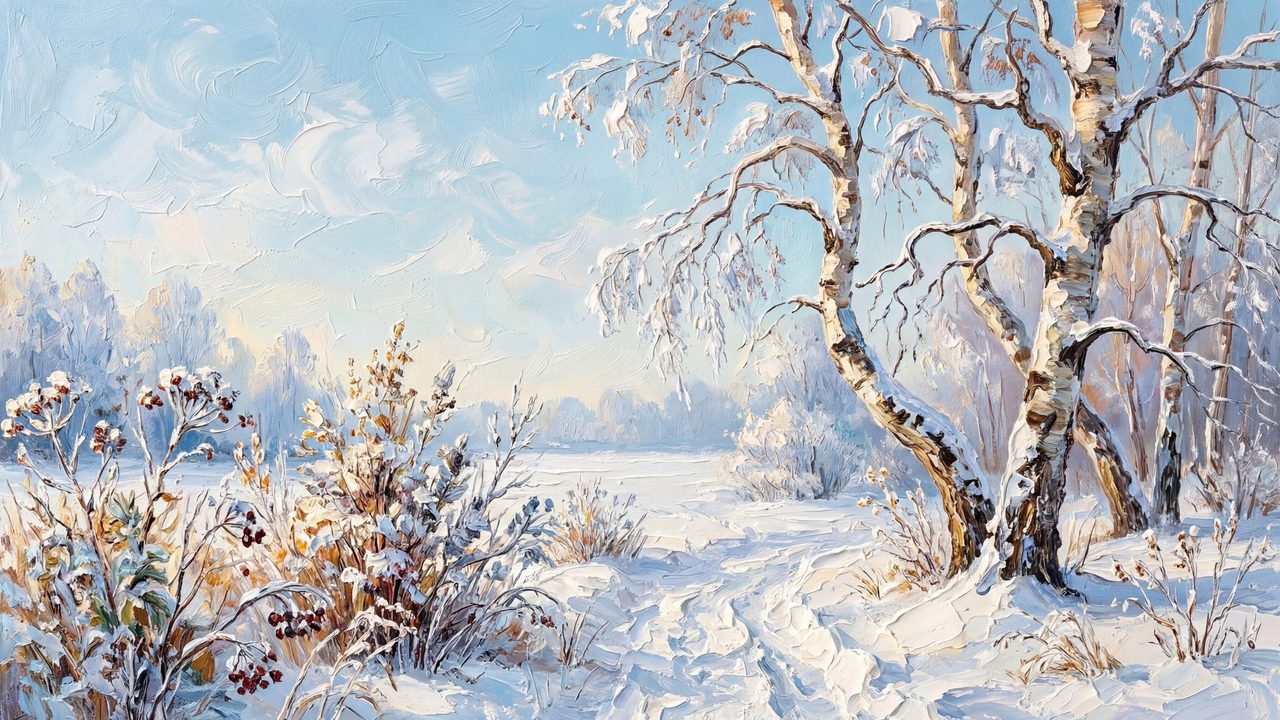 Samsung Frame TV Art Winter Landscape • Snowy Birch Tree Painting • Cozy Scandinavian Nature Decor