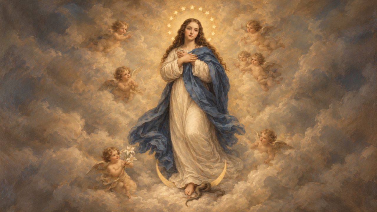 Christian Frame TV Art, Jesus Religious Oil Painting (Virgin Mary Among Cherubs)