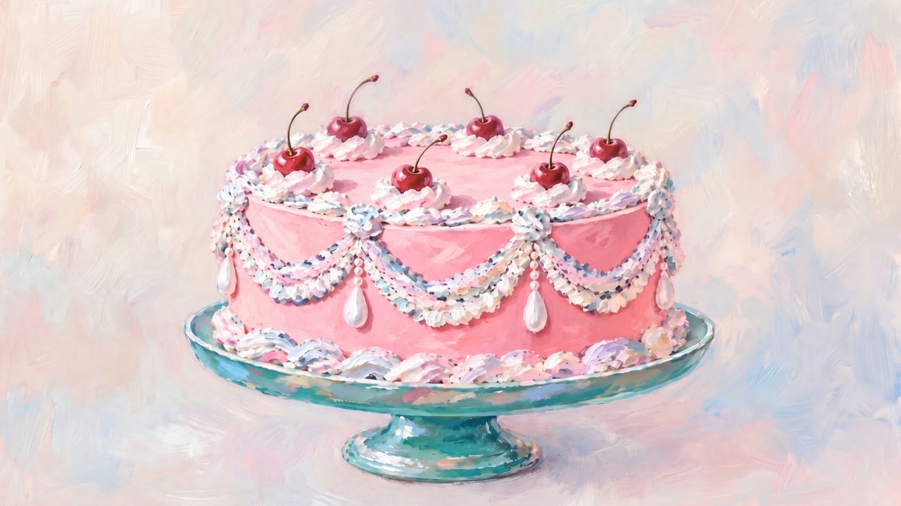 Happy Birthday Frame TV Art, Colorful Party TV Background (Pink Cherry Cake on Stand)