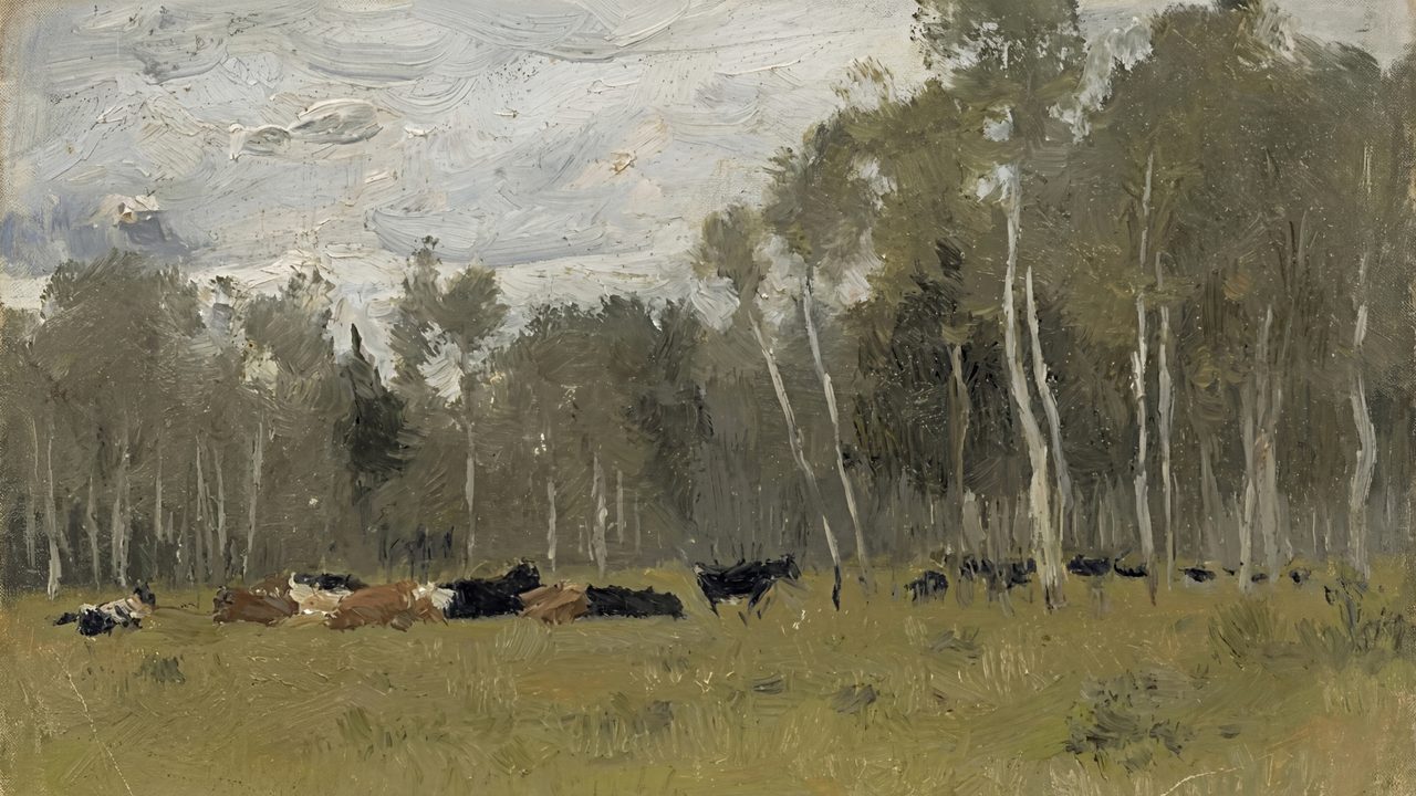 Vintage Frame TV Art, Antique Landscape Oil Painting (Cattle by Birch Forest)