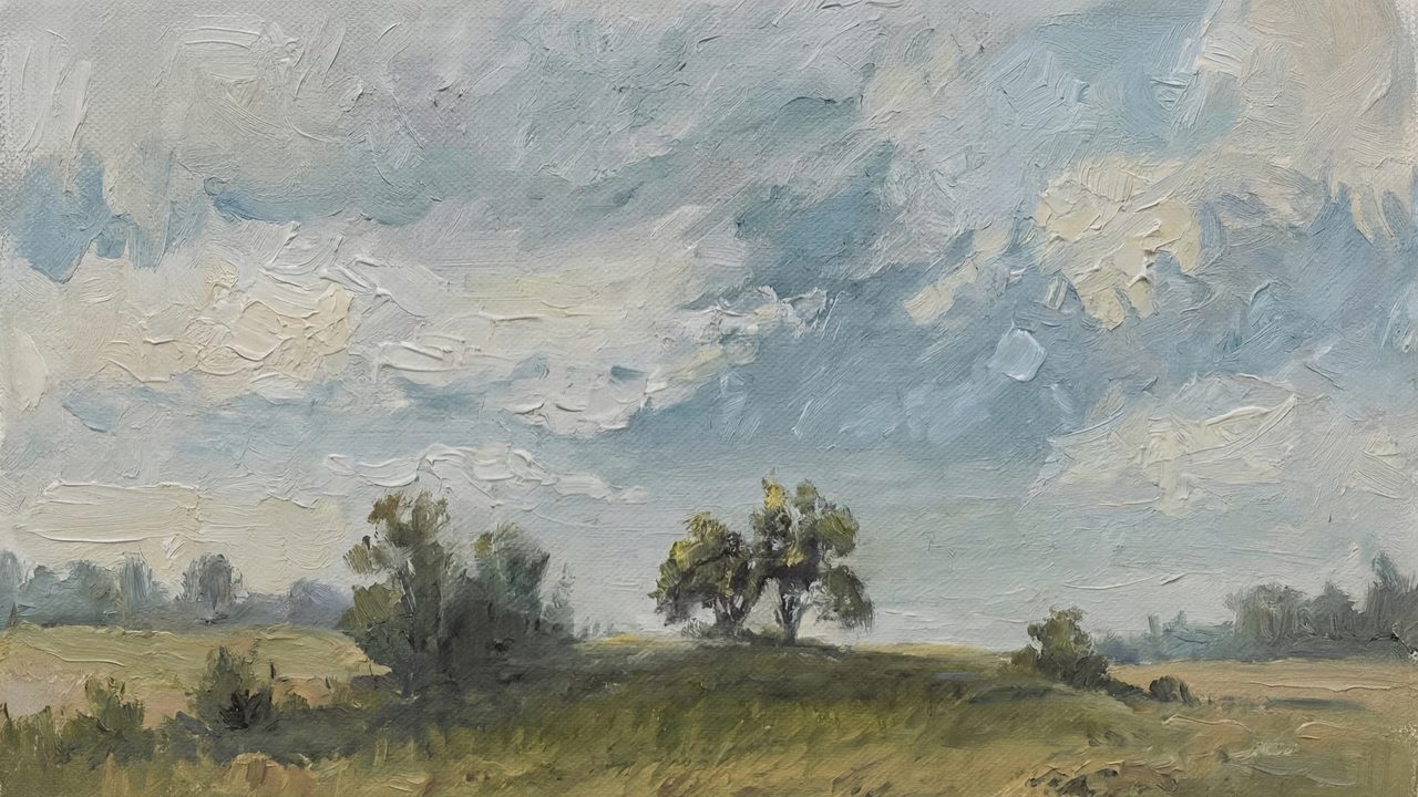 Vintage Frame TV Art, Antique Landscape Oil Painting (Trees Under Cloudy Sky)