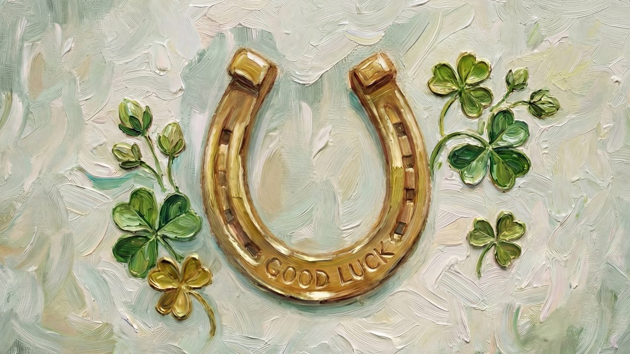 St. Patrick’s Day Samsung Frame TV Art, Golden Lucky Horseshoe Wall Art, Good Luck Shamrock Oil Painting