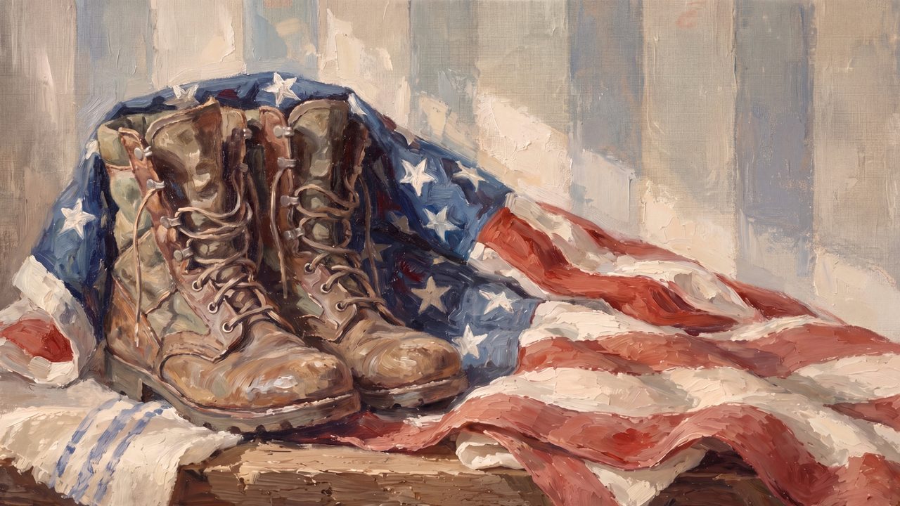 4th of July Frame TV Art, Patriotic American Oil Painting (Combat Boots on American Flag)