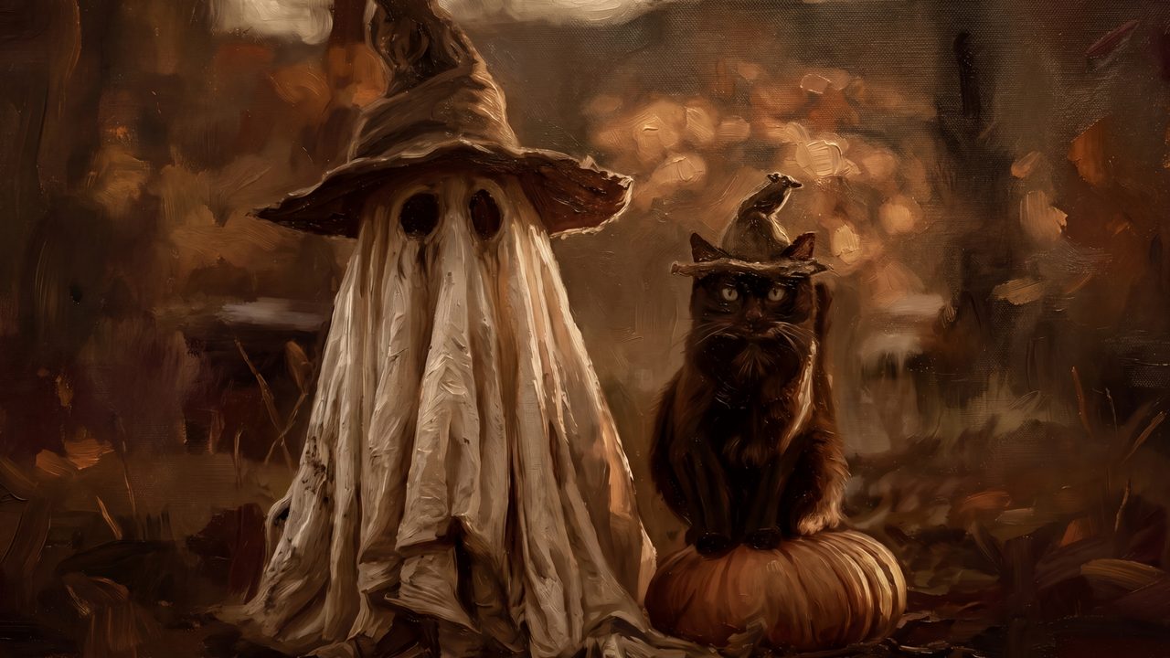 Fall Frame TV Art, Vintage Autumn Oil Painting (Ghost and Black Cat)