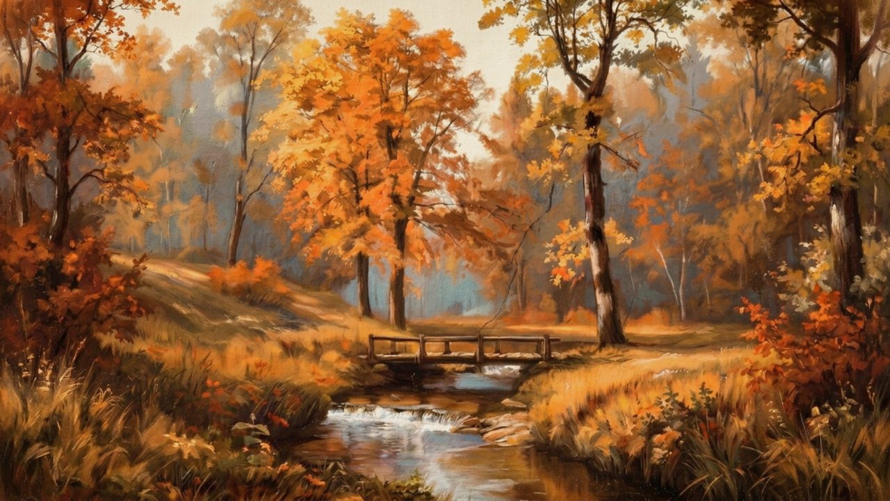 Fall Frame TV Art, Vintage Autumn Oil Painting (Footbridge in Autumn Woods)