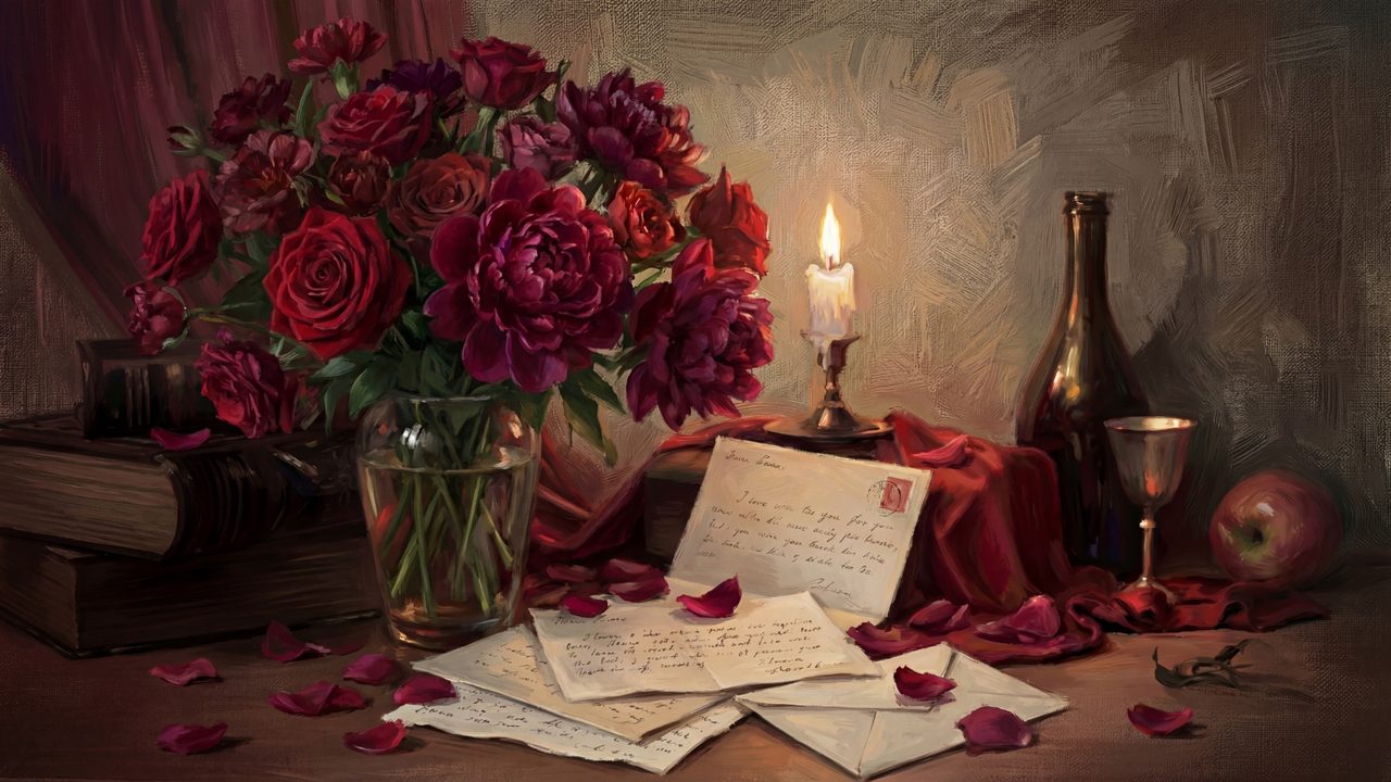 Valentine Frame TV Art, Romantic Vintage Oil Painting (Roses with Love Letters and Candle)