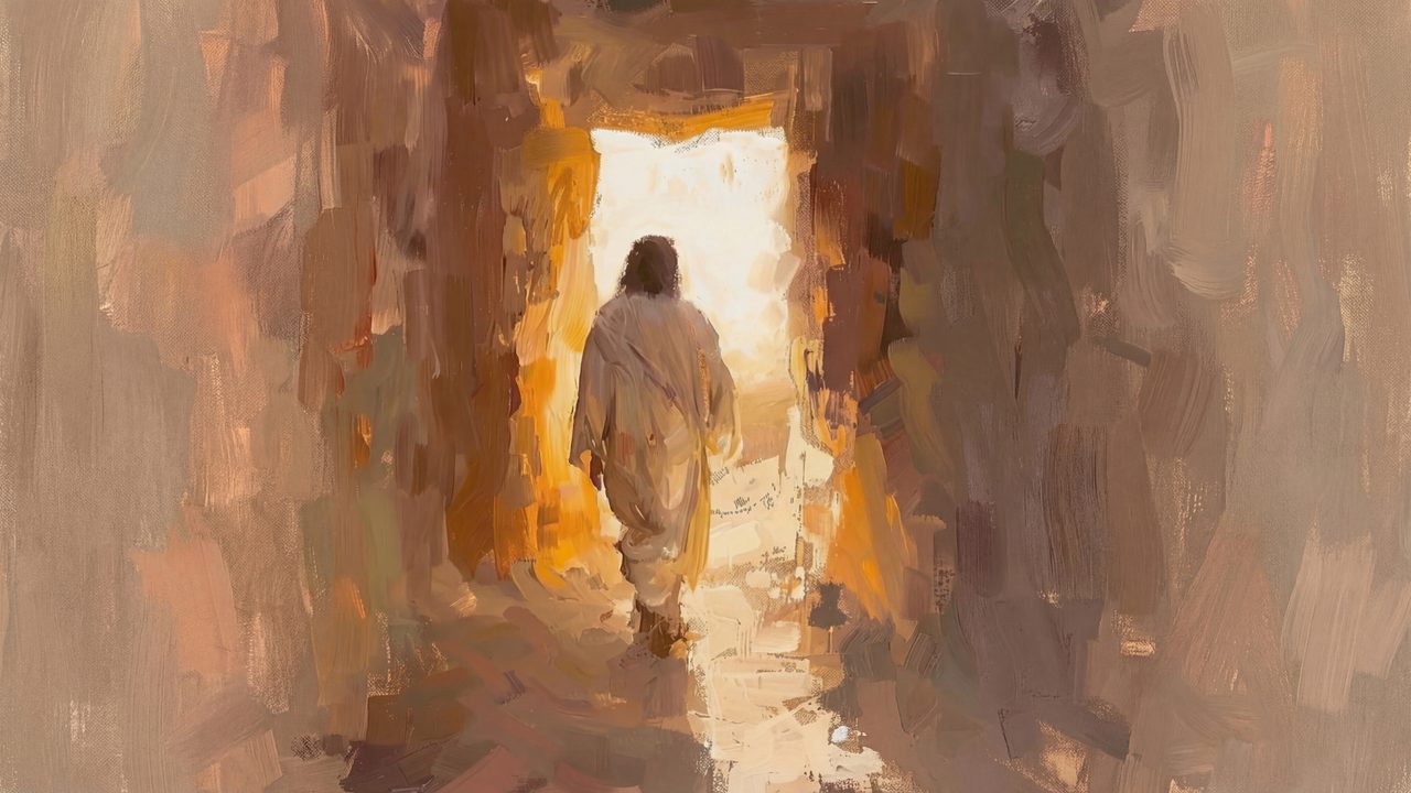 Christian Frame TV Art, Jesus Religious Oil Painting (Jesus Walking Through Doorway)