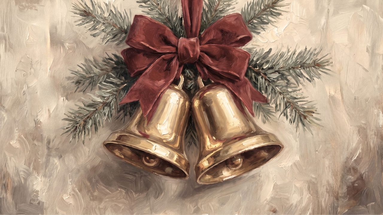 Christmas Frame TV Art, Vintage Holiday Oil Painting (Brass Bells with Red Bow 2)