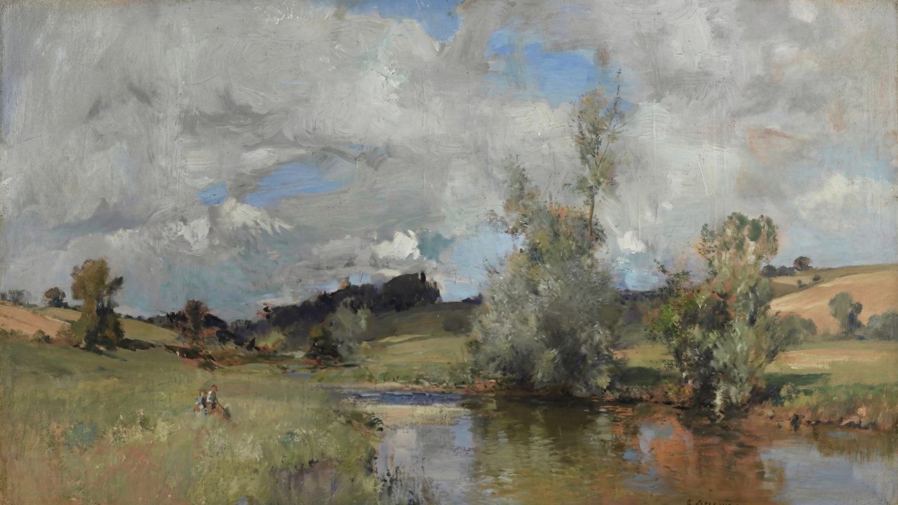 Vintage Frame TV Art, Antique Landscape Oil Painting (River Through Green Valley)