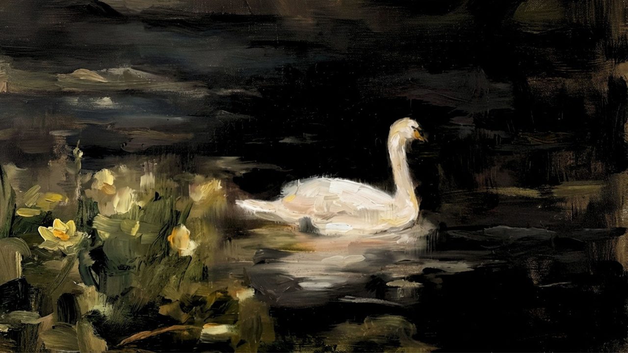 Halloween Frame TV Art, Vintage Moody Oil Painting (White Swan Among Flowers)
