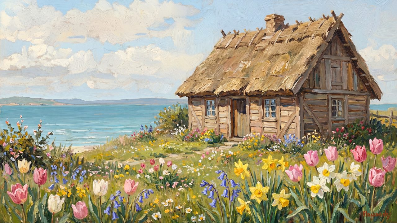 Spring Frame TV Art, Vintage Floral Landscape Oil Painting (Thatched Cottage by Sea)