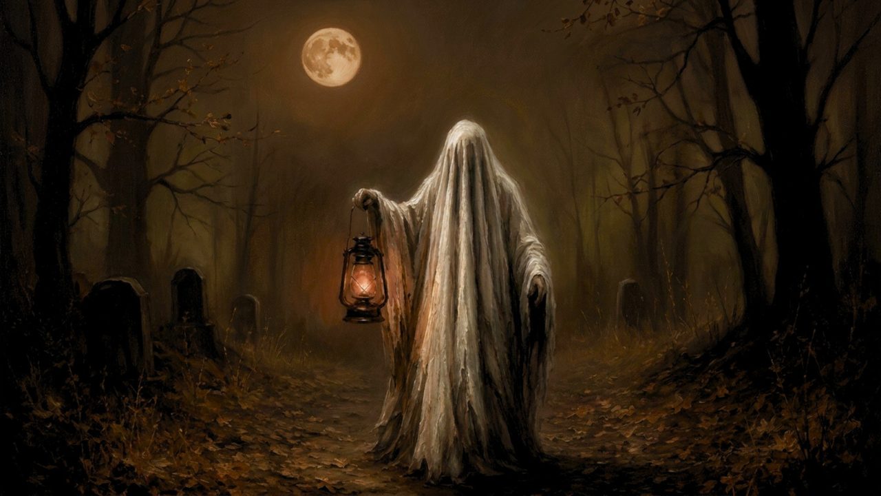 Fall Frame TV Art, Vintage Autumn Oil Painting (Ghost with Lantern in Graveyard)