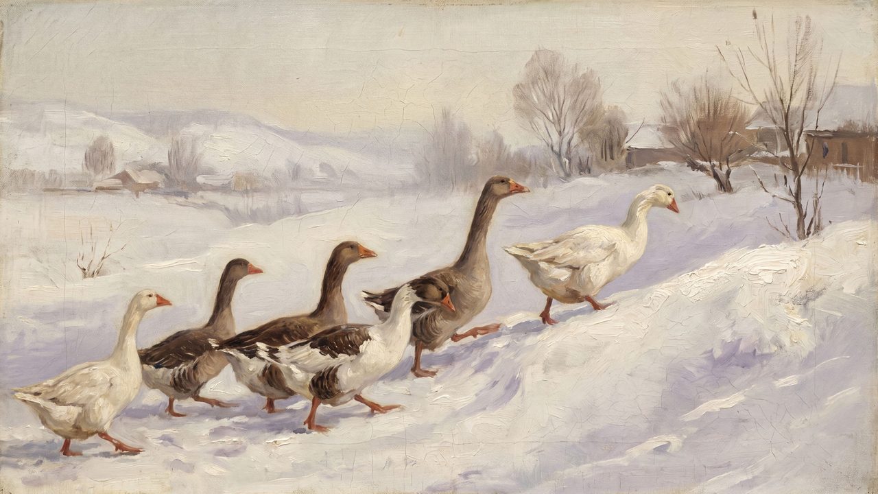 Christmas Frame TV Art, Vintage Holiday Oil Painting (Geese Walking in Snow)