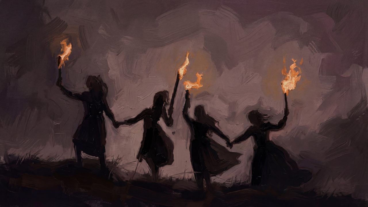Halloween Frame TV Art, Vintage Moody Oil Painting (Witches Dancing with Torches 2)