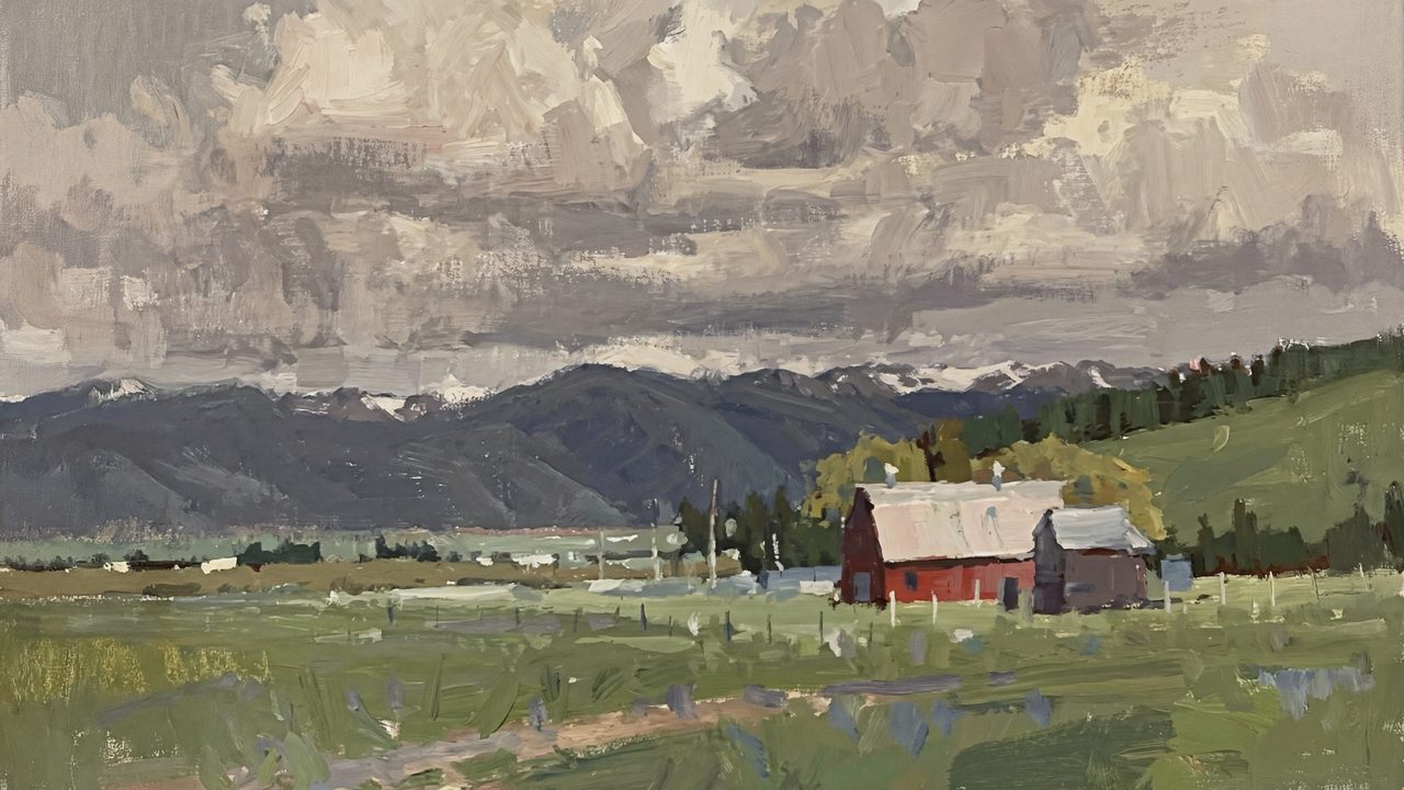 Vintage Frame TV Art, Antique Landscape Oil Painting (Red Barn Below Mountains)