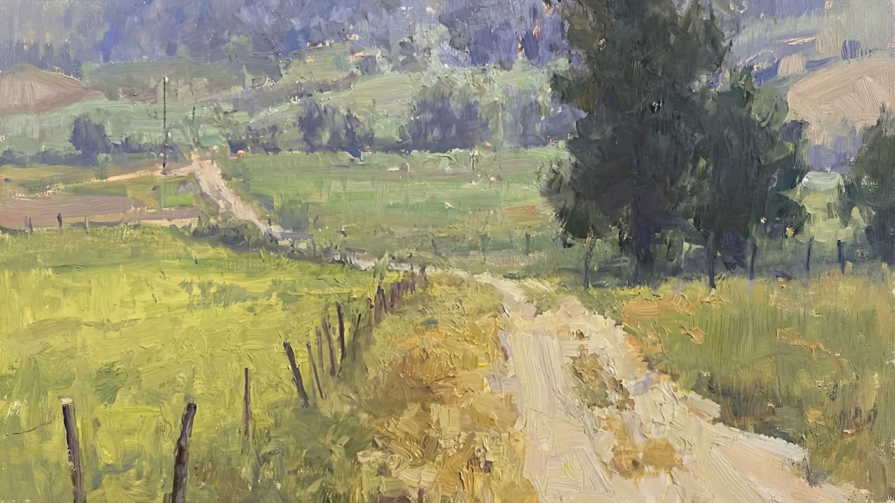 Vintage Frame TV Art, Antique Landscape Oil Painting (Country Lane Through Fields)