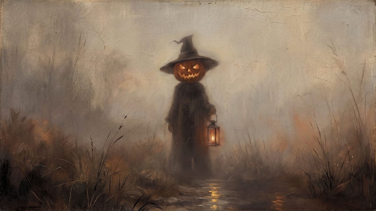 Halloween Frame TV Art, Vintage Moody Oil Painting (Pumpkin Witch with Lantern)