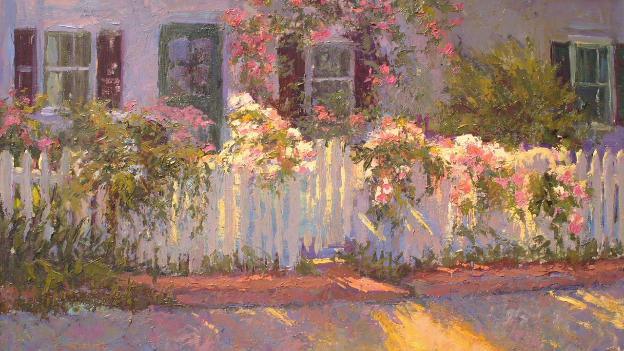 Spring Frame TV Art, Vintage Floral Landscape Oil Painting (Roses on White Picket Fence)
